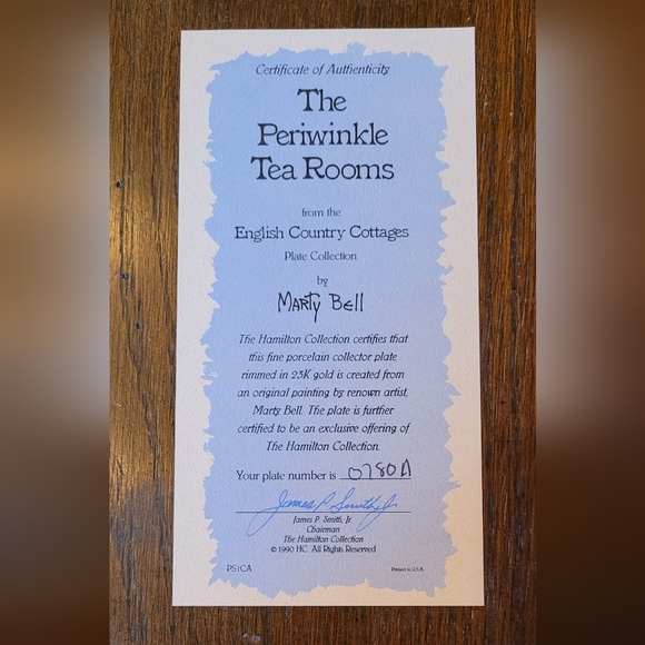 Vintage 1990's Marty Bell English Cottage Plate W/ Certificate of Authenticity - Picture 3 of 3